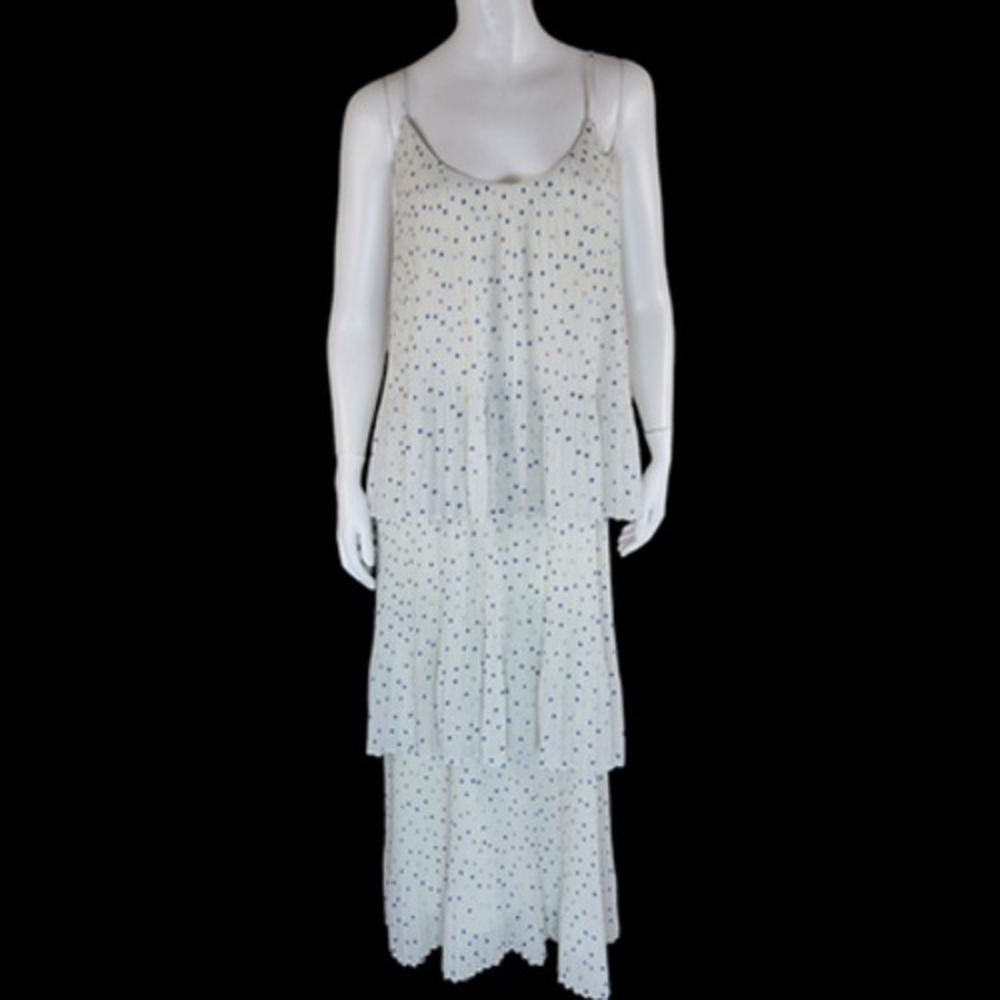 NWT Samsoe Samsoe Womens Large White Pleated Blue‎ Polka Dot Maxi Dress Tatiana